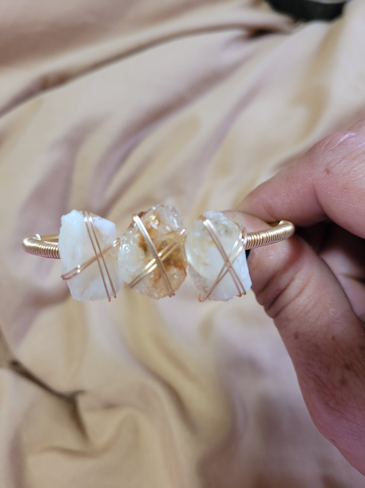 Natural Citrine Crystal Bangle Bracelet with Golden-Tone Copper Wire