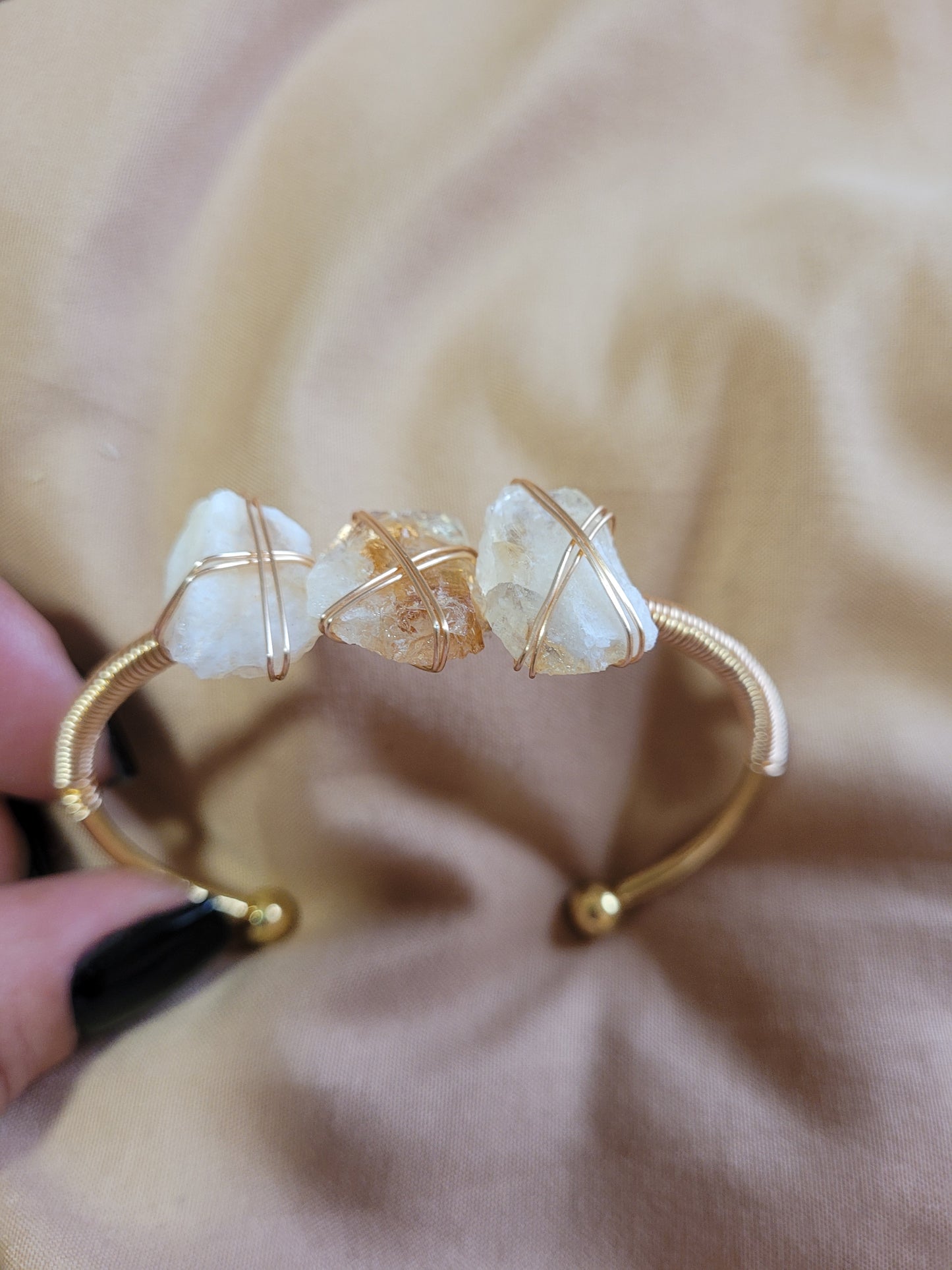 Natural Citrine Crystal Bangle Bracelet with Golden-Tone Copper Wire