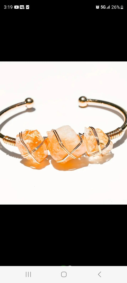 Natural Citrine Crystal Bangle Bracelet with Golden-Tone Copper Wire